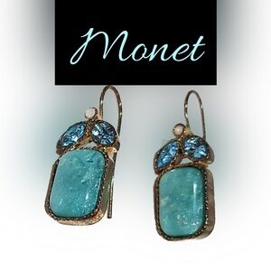 Vintage MONET Gold Plated Earrings with Faux Opals